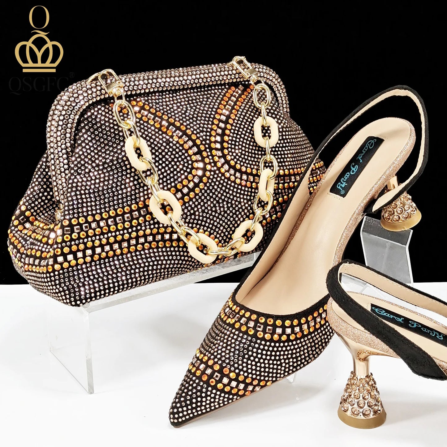 New Italian Pumps and Bag To Party 2024 INS Style Pointed-Toe Rhinestone Elegant High Heels Champagne Wedge for Women