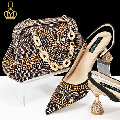 New Italian Pumps and Bag To Party 2024 INS Style Pointed-Toe Rhinestone Elegant High Heels Champagne Wedge for Women