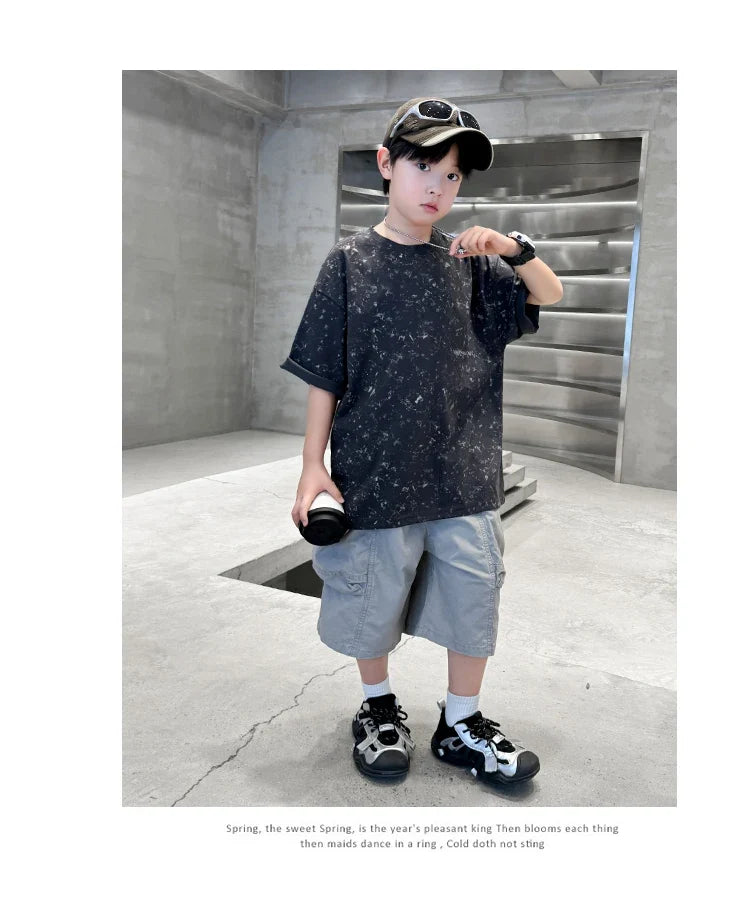 Summer Suit for Boy with Shorts Two Piece Clothing Set Kids Child Cotton Top and Bottom Clothes Set Casual Outfit Tracksuit 5-14