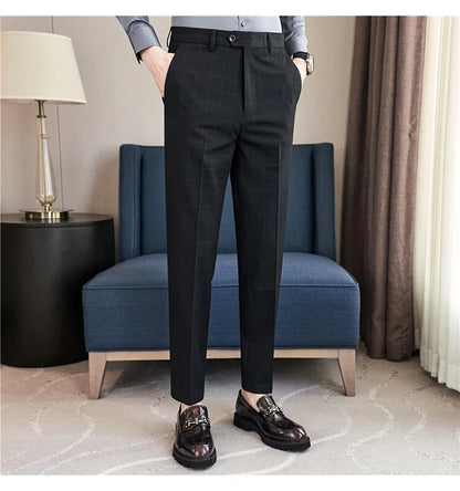 2026 High Quality Men's Plaid Striped Suit Pants Fashion Business Slim Fit Casual Straight Pants Formal Wedding Party Trousers