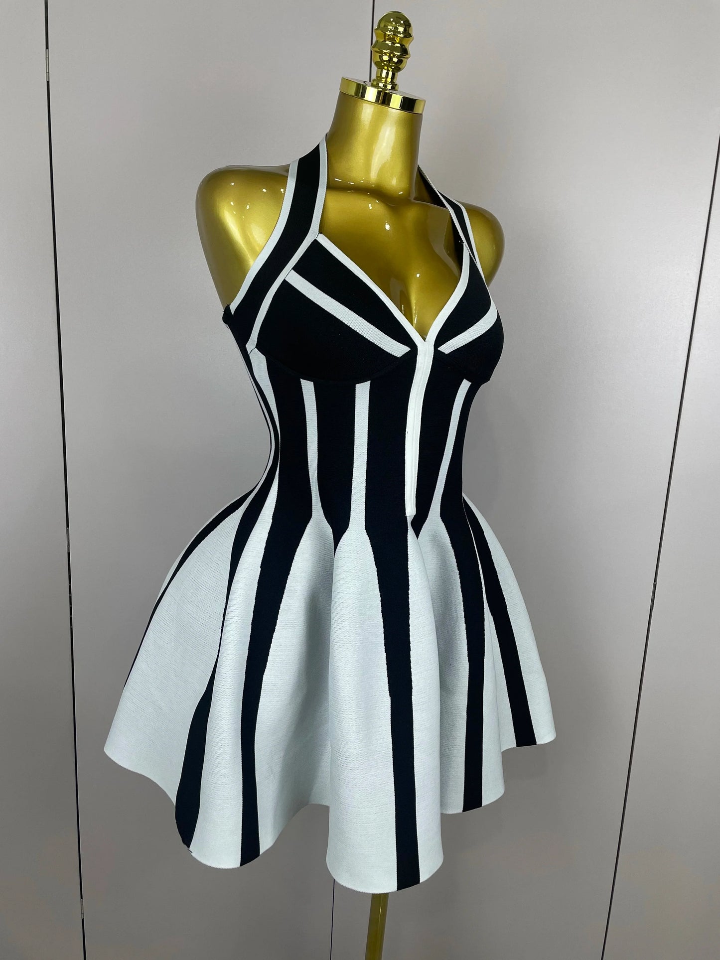Sexy Backless Black White Stripes Halter Bandage A Line Short Dress 2025Women Celebrity Elegant Evening Party Holiday Club Dress
