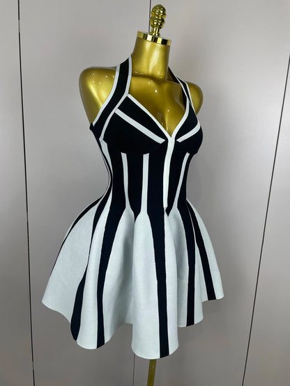 Sexy Backless Black White Stripes Halter Bandage A Line Short Dress 2025Women Celebrity Elegant Evening Party Holiday Club Dress