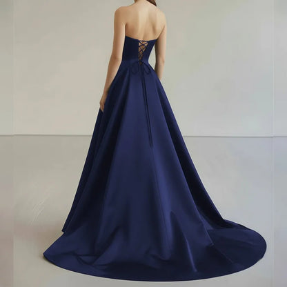 Simple Black A-Line Formal Dresses Stain Pleats Split Party Dress For Wedding Strapless Special Occasion Dress Customized