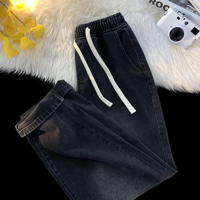 Casual Jeans Men's Baggy Straight Elastic Waist Drawstring Korea Fashion Male Vintage Denim Trousers Streetwear 3XL