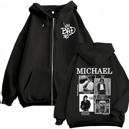 King of Pop Michael Jackson Bad Era World Tour Zipper Sweatshirts Men Women Fashion Zip Up Hoodies Vintage Hip Hop Jacket Hooded