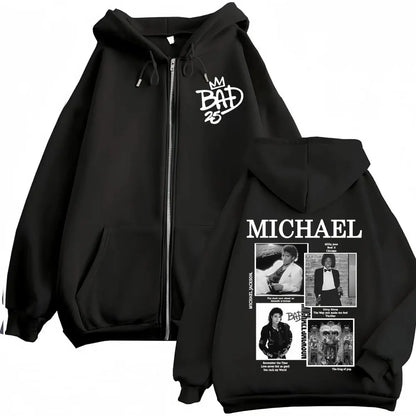 King of Pop Michael Jackson Bad Era World Tour Zipper Sweatshirts Men Women Fashion Zip Up Hoodies Vintage Hip Hop Jacket Hooded