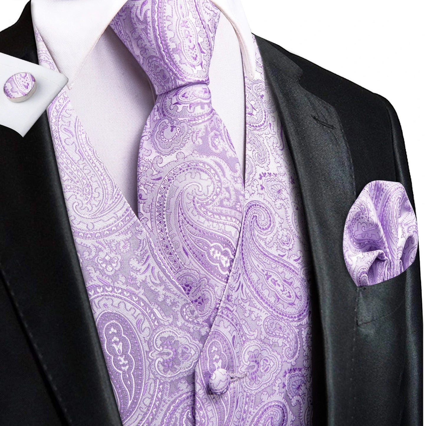 Men Vest Tie Elegant Solid Dress Sleeveless Jacket 4PC Hanky Cufflink Paisley Suit Waistcoat Wedding Gift Hi-Tie