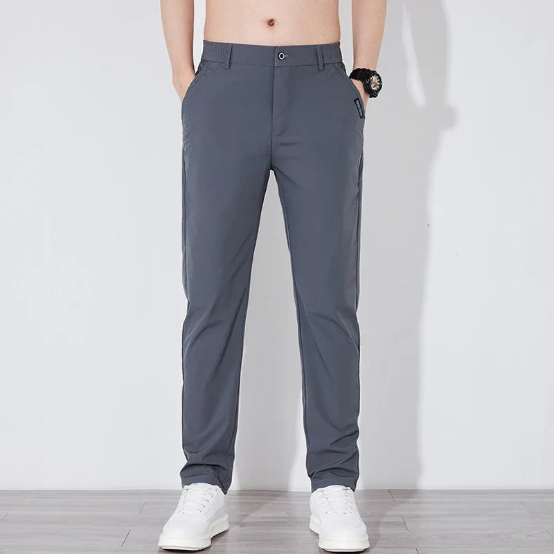 Summer Silk Stretch Smooth Trousers Men Business Elastic Waist Korean Classic Thin Cool Black Gray Casual Suit Pants Male Brand