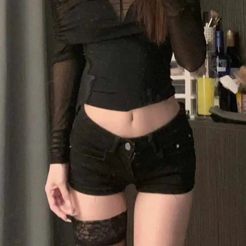 Women Korean American Style Low Waist Skinny Denim Shorts Y2K Slim Fit Streetwear Casual Summer Hot Pants