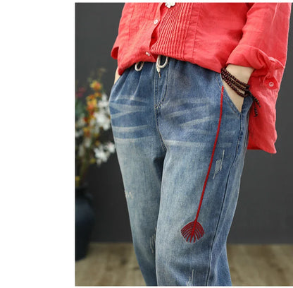 Fashion Summer Ladies Ripped Loose Jeans Womens Leisure Embroidery Denim Trousers Vintage Females Elastic Harem Pants