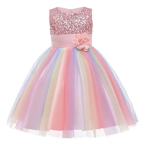 2026 Sequins Girls Dress Summer Flower Fashion Rainbow Mesh Little Princess Dresses For Piano Performance Costume Kids Clothes