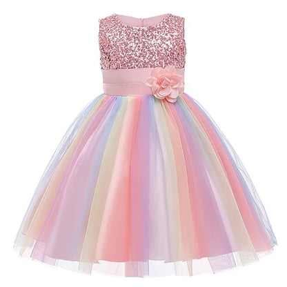 2026 Sequins Girls Dress Summer Flower Fashion Rainbow Mesh Little Princess Dresses For Piano Performance Costume Kids Clothes