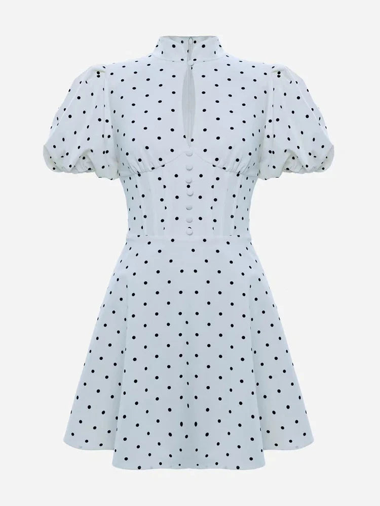Retro Polka Dot Mini A-line Dress Elegant Stand Collar Puff Short Sleeve Waist-cinching Dresses 2026 New Lady Party Gowns