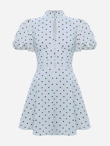 Retro Polka Dot Mini A-line Dress Elegant Stand Collar Puff Short Sleeve Waist-cinching Dresses 2026 New Lady Party Gowns