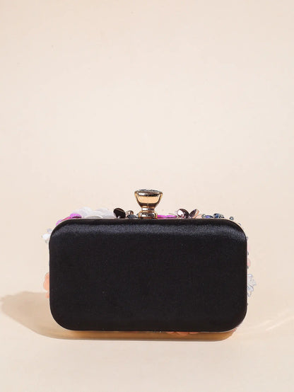 I PC Black Elegant Floral Beaded Clutch, classic Banquet Purse,Women's Fashion Evening Bag Foren Wedding Party Prom