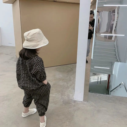 Kid Girls Korean Style Cotton Linen Suits Spring Autumn 2026 New Summer Baby Girl Fashion Casual Plaid 7-point Sleeve 2pcs Sets