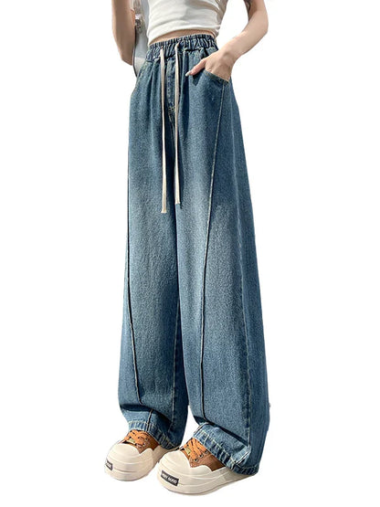 High Waist Wide Leg Jeans Women's Loose Fit Dstring Elastic Waist Long Trousers Blue Denim Spring Season Faion plus Size