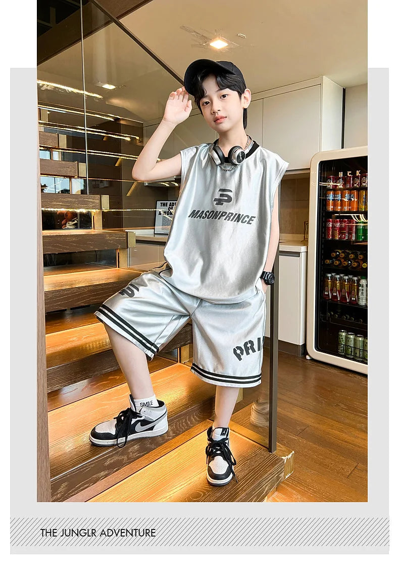 Summer Boys Quick-dry Glossy Alphabet T-Shirt Top+Shorts Sportswear Set School Kids 2PCS Tracksuit Children Jersey Outfit 5-16Yr
