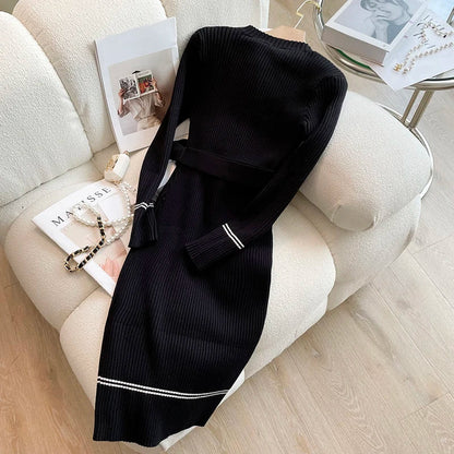 2025 Autumn Winter Women Knitted Dress Brand Fashion O-neck Buttons Bodycon Sweater Dress with Belt Lady Office Dress