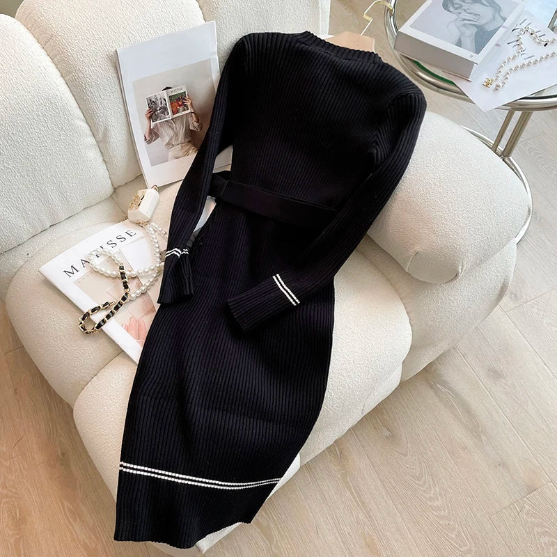 2025 Autumn Winter Women Knitted Dress Brand Fashion O-neck Buttons Bodycon Sweater Dress with Belt Lady Office Dress