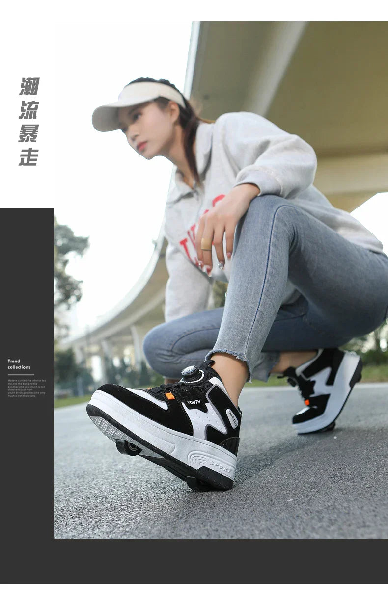 Children's walking shoes 2024 new double wheel invisible roller skates young primary school children big child swivel buckle