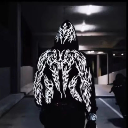 Mens Hoodie Harajuku Y2K Streetwear Lightning Graphic Print Zip Up Hooded Sweatshirt Gothic Punk Loose Fit Glow Unisex Fashion