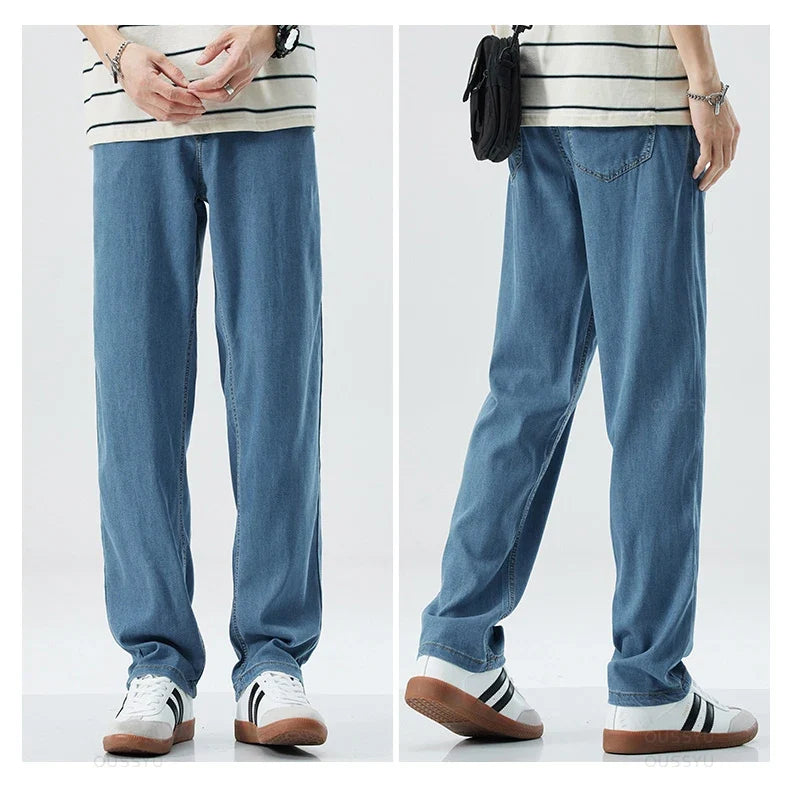 New Summer Thin Soft Lyocell Fabric Men's Jeans Classic Straight Denim Pants Work Wide Leg Casual Trousers Male Big Size 40 42