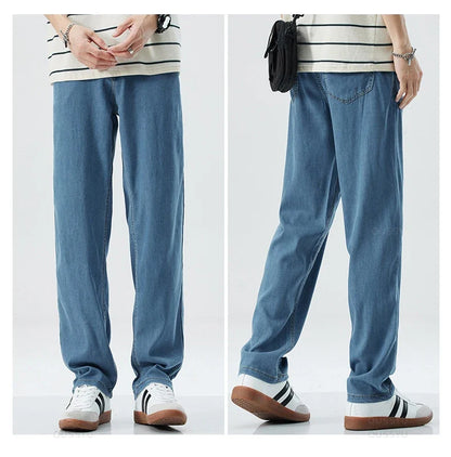 New Summer Thin Soft Lyocell Fabric Men's Jeans Classic Straight Denim Pants Work Wide Leg Casual Trousers Male Big Size 40 42