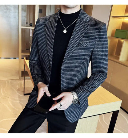 Men's Elegant Grid Suit Jacket 2026 Spring New Fashion Slim Blazer Jackets Social Prom Dress Jacket Men's High Quality Clothing