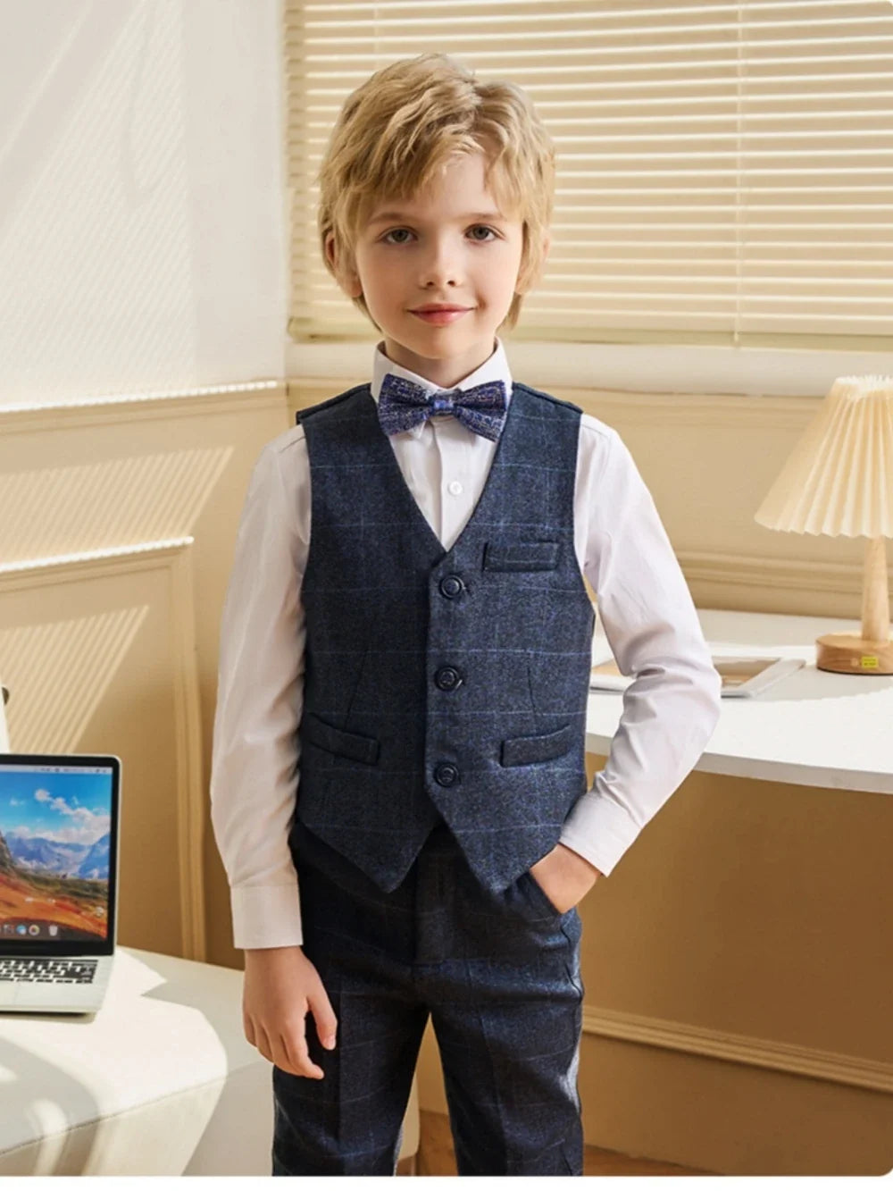 Dark Blue Boys Plaid Suit Set 4 Pieces,Formal Long Sleeve Kids Suits For Autumn And Winter,Handsome Children's Tuxedo