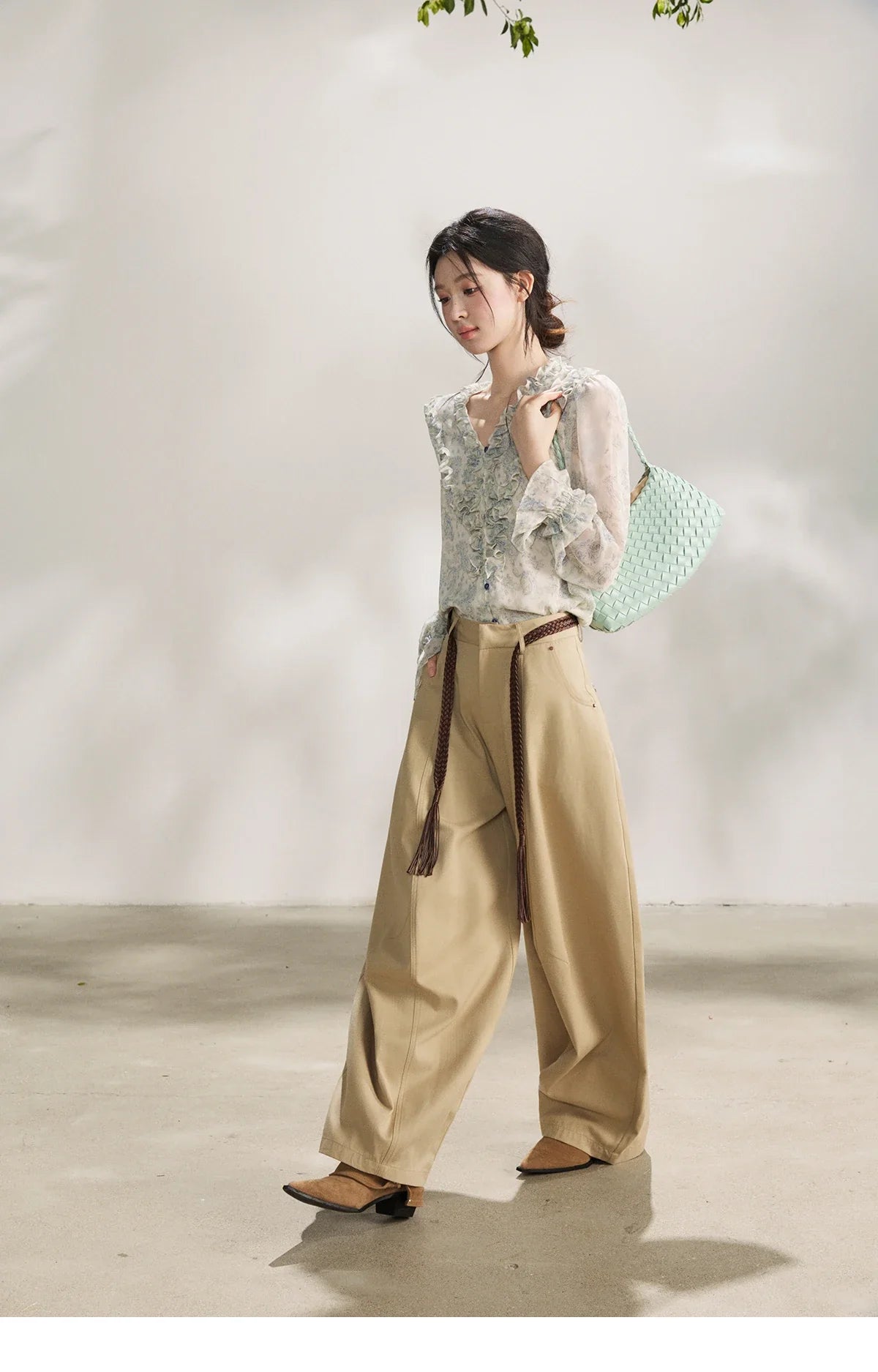 Women's Light Blue Paisley Print Ruffle Blouse V-neck Sheer Long Sleeve Chiffon Shirt Casual Summer Wear MXF13X2549