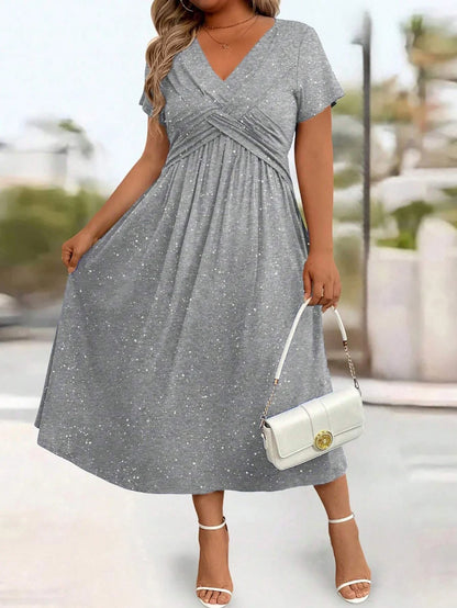 Ladies' elegant plus size powder sprinkled shiny twisted knot with pockets V-neck dress