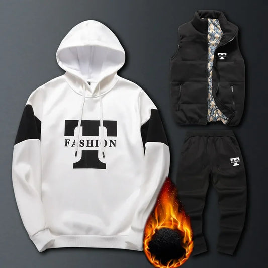 3 Pieces Set Hoodies+Vest+Pants Casual Track Suit Clothing Coats Winter Thick Warm Tracksuit for Couple Printed Mens Set Vest