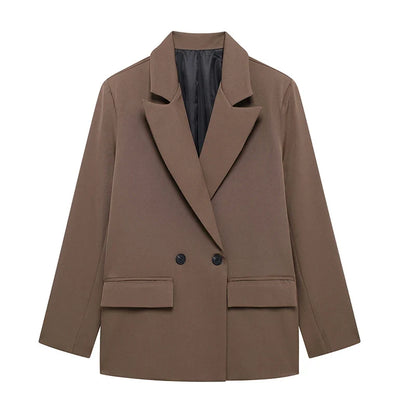 Women Fashion With Pockets Solid Double Breasted Blazer Vintage Long Sleeves Notched Neck Female Office Lady Outfits