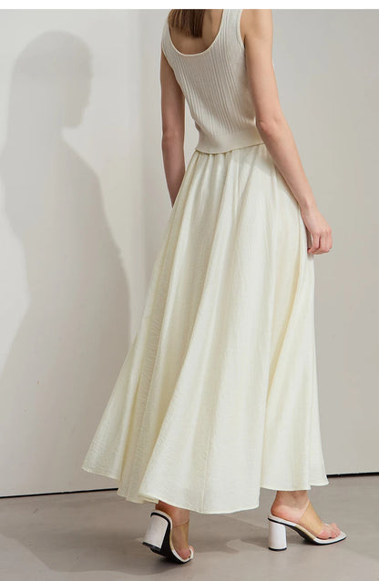 Minimalist New Summer Knee Length A-line Skirt Women Adjustable Drawstring Solid Color Commuting Style Loose Skirt 12522025
