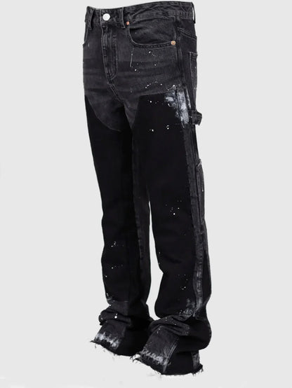 2025 Men's Fashion Jeans Work Pants, European and American Fashion Workwear Elastic Patchwork Denim Layered Flared Pants S-XXL