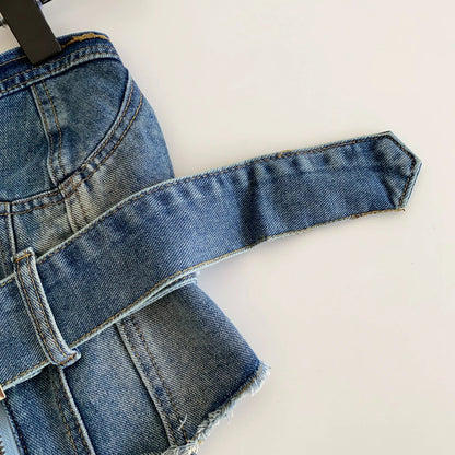 Vintage Denim Strapless Camis Backless Irregular Raw Hem Slim Distressed Crop Top Ladies Sashes Sexy Club Lingerie Top