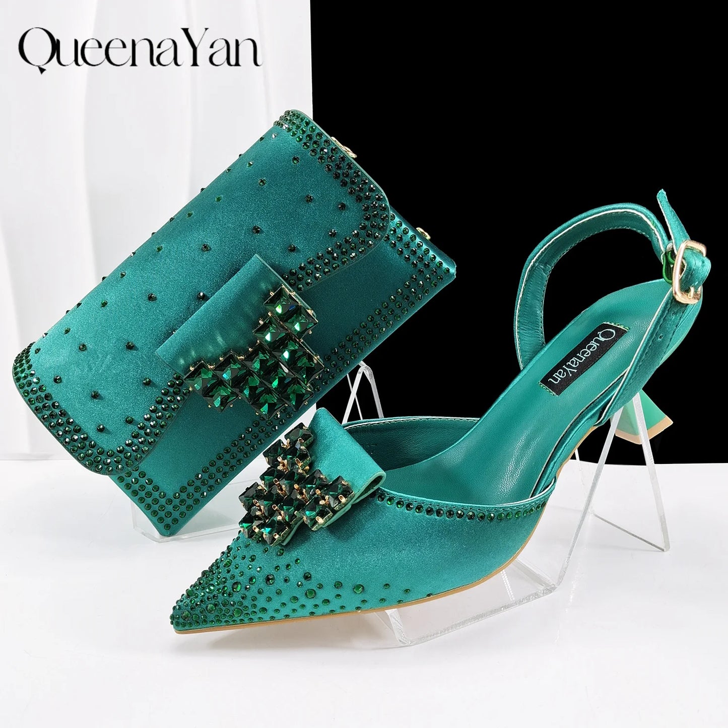 Elegant Navy Blue Handbag and Medium Heel Shoes Set with Beautiful Handmade Metal Decoration for Weddings and Parties