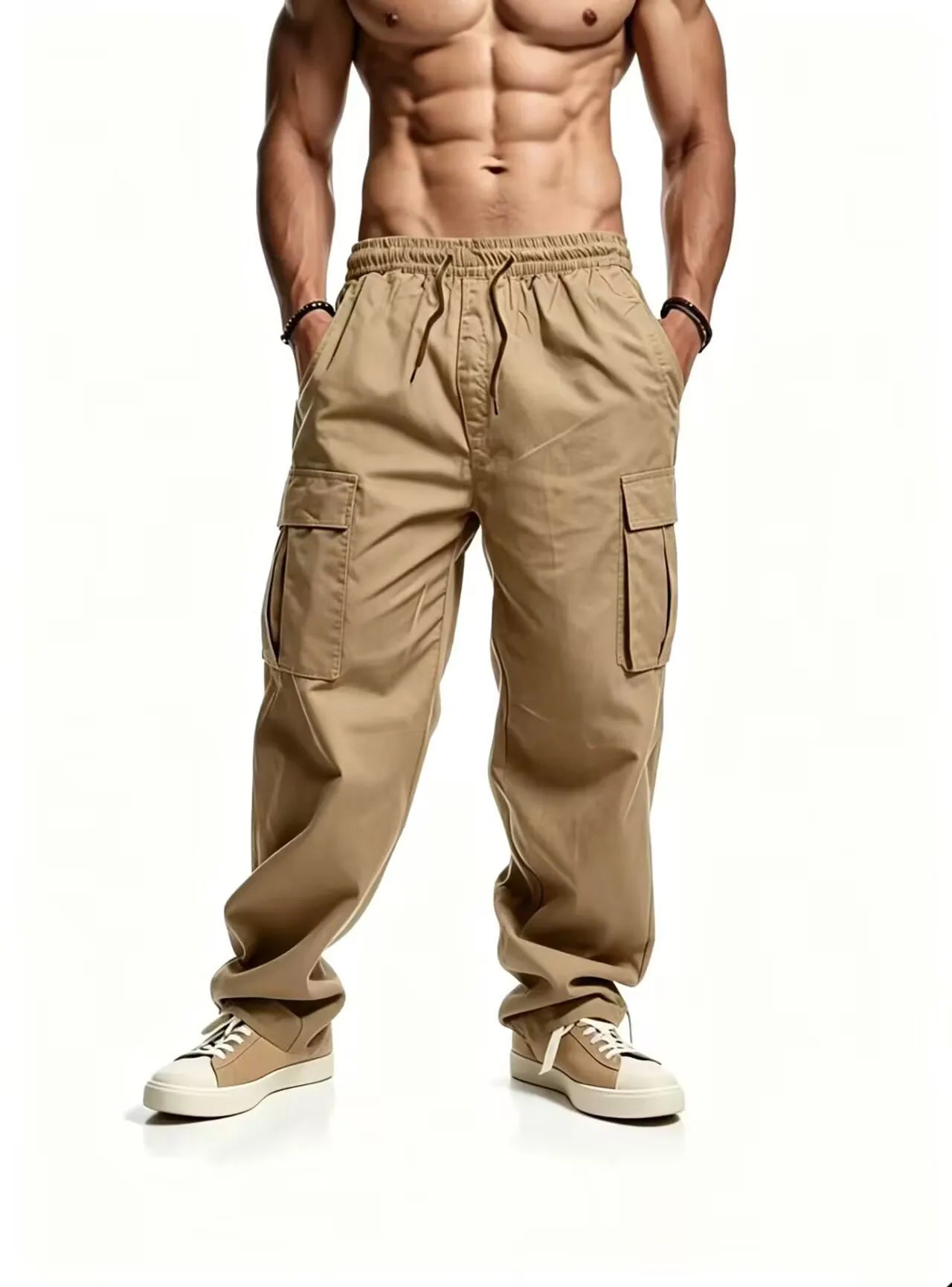 Men's casual multi pocket work pants with loose fit and drawstring waistband suitable for hikingfishingand outdoor exploration