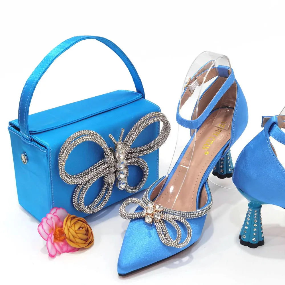 2023 Ladies Pointed-Toe Party High Heels Magenta Colour Bow Rhinestone Stereo Bag Evening  African Wedding Shoe And Bag Set