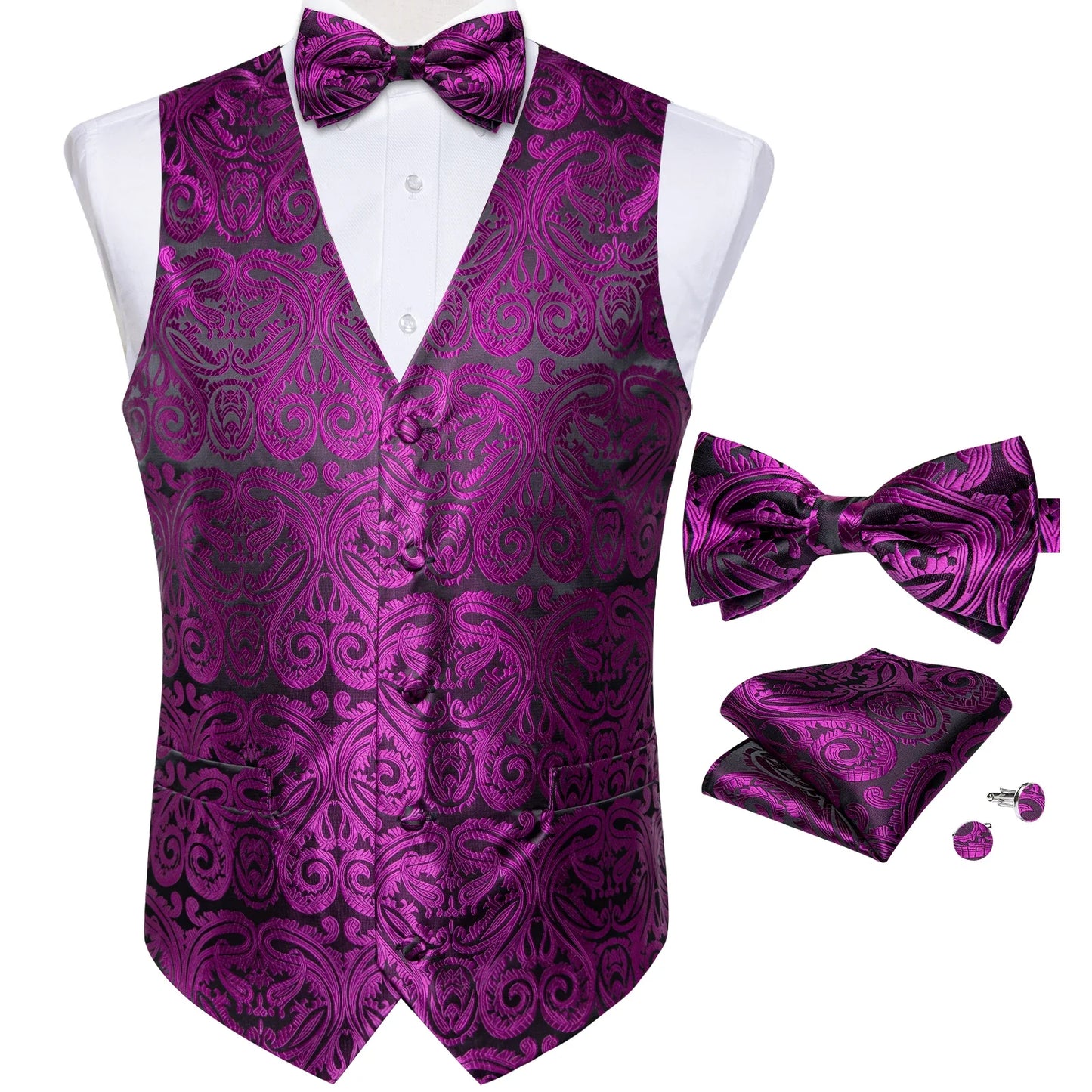 Retro Paisley Floral Full Set with Bowtie Pocket Square and Cufflinks Banquet Essential