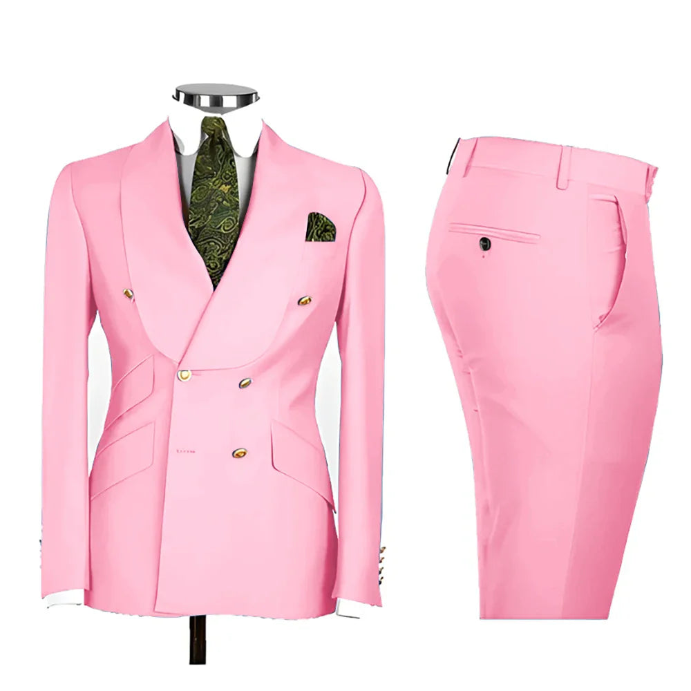 Lvory Shawl Lapel 2 Piece Suit Double Breasted Men's Jacket Pants with Gold Buttons Formal Wedding Groom Attire Prom Tuxedos