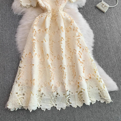 Ele Summer Lace round Ne Dr Women's High Waist Slimming Long Skirt Korean Sle Commute High Softn Regular Sve
