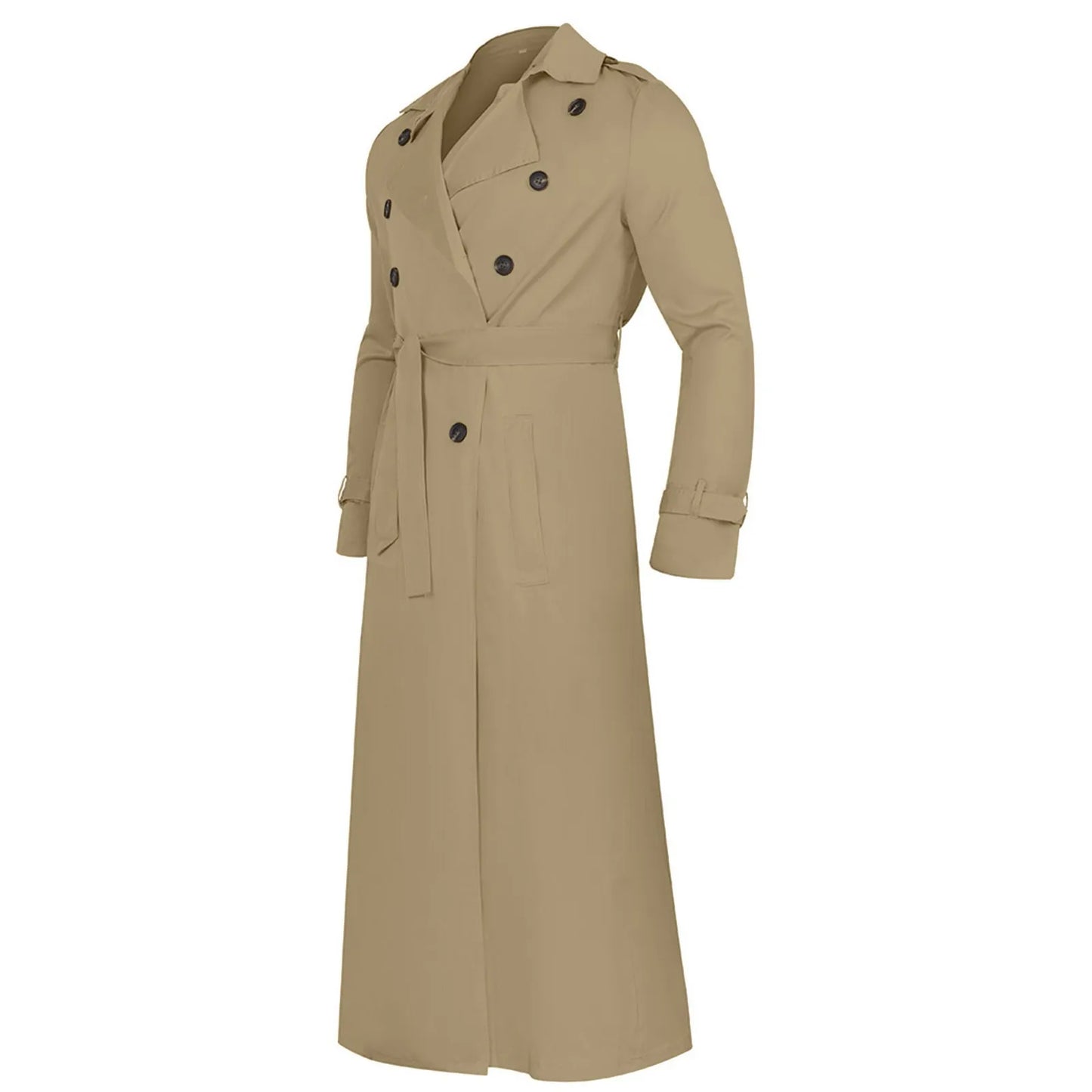 Men'S Windbreaker Spring Autumn Long-Slevee Extra Long Trench Coat Classic Trend Double Breasted Solid Color Temperament Trench