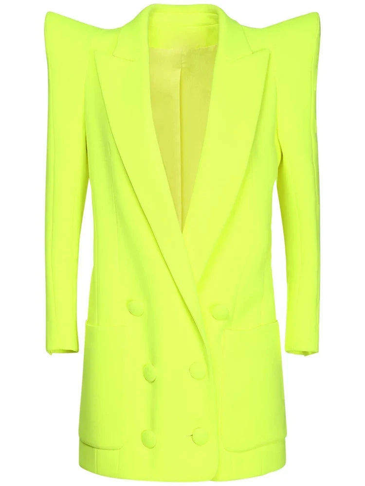 HIGH STREET Newest Fashion 2026 Designer Jacket Women Peak Strong Shoulder Double Breasted Long Blazer Fluorescein