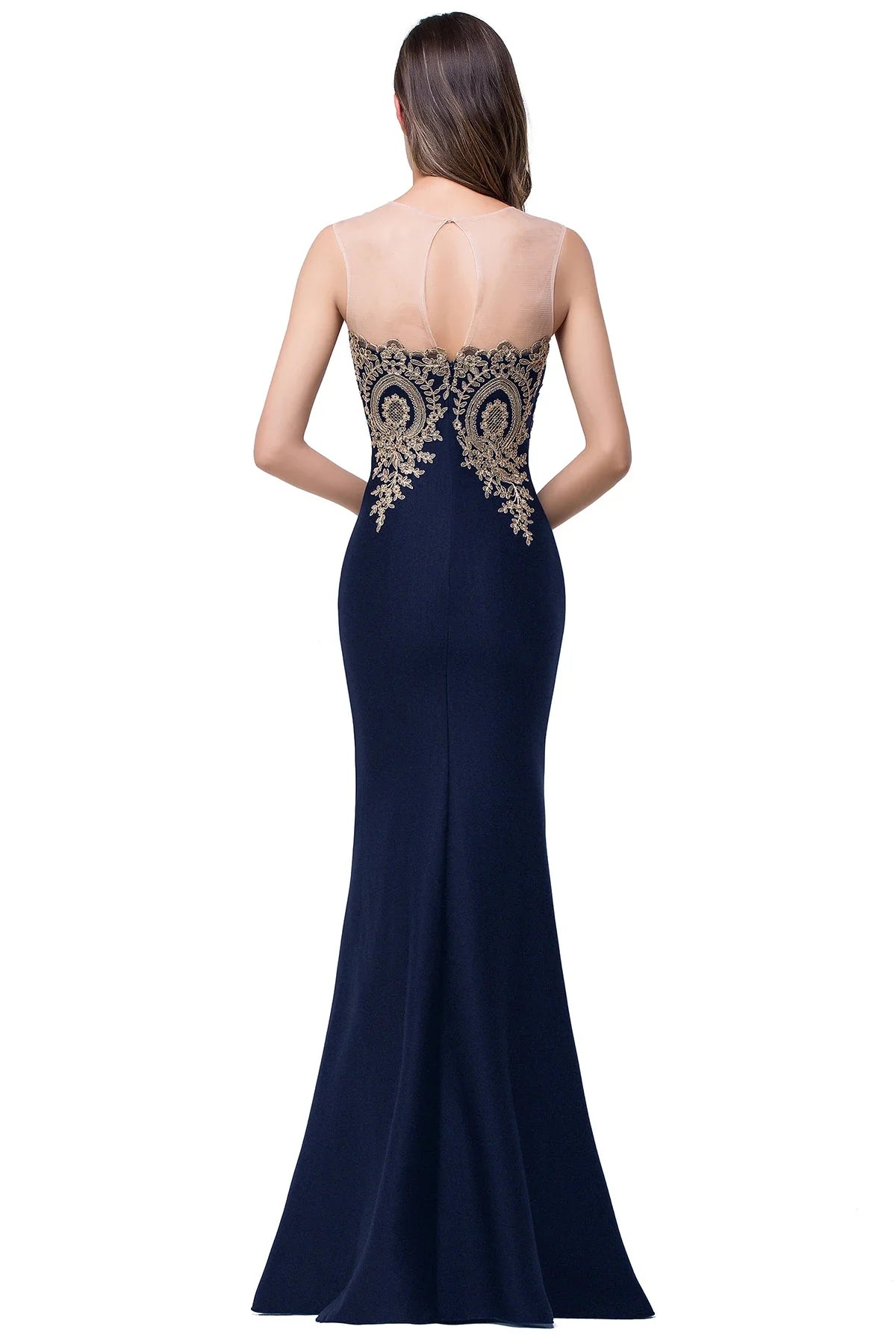 Elegant Mermaid Evening Dress Women Golden Appliques Lace Royal Blue Sweetheart Illusion Wedding Party Prom Gowns Robe de Soiree