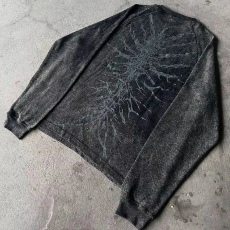 Y2K Nematode Phantom Thread Printing Long Sleeve T Shirt Loose and Heavy Style Old Washed Gothic Retro Street Fashion Top
