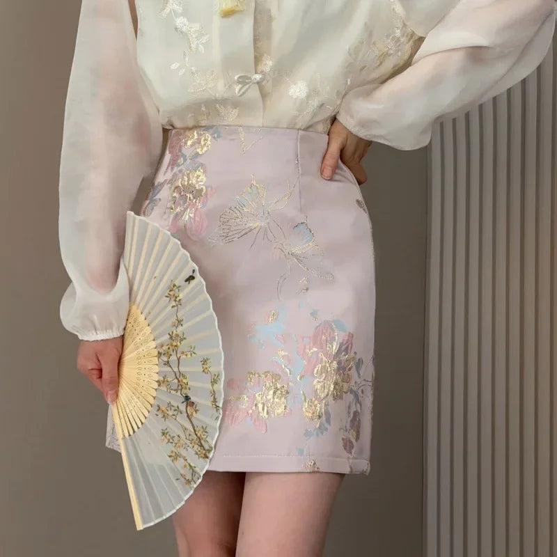 Printed skirt women's summer new jacquard national style design sense heavy industry Joker high waist slim retro skirt