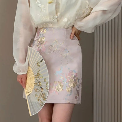 Printed skirt women's summer new jacquard national style design sense heavy industry Joker high waist slim retro skirt