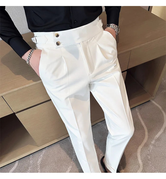 Pure Color Male Business Wedding Dress Pants Fashion Unique Design Men Waist Adjustable Suit Pant No Belt Slim Trousers Homme